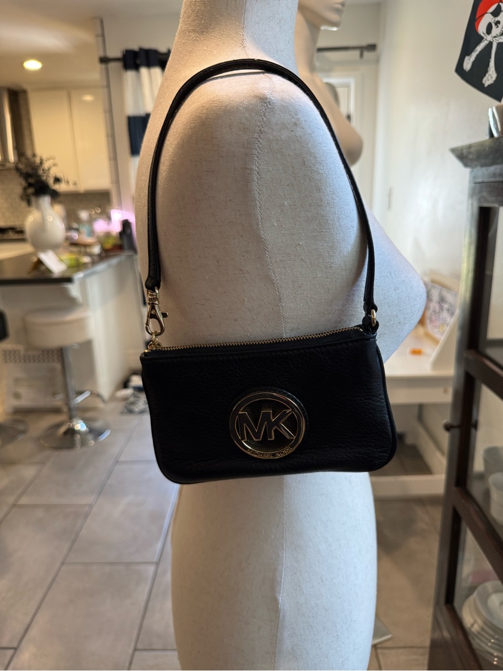 Michael Kors Black Leather Logo Shoulder/Wristlet Pouch with Gold Accent